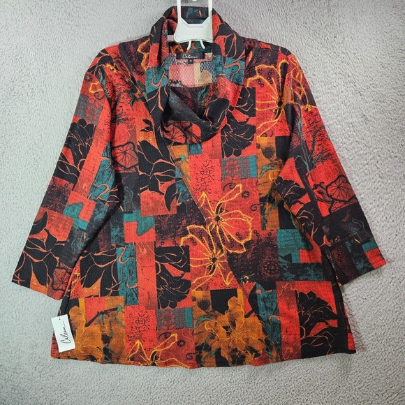 NEW Calessa Top Blouse Women 1X Stretch Loose Mock Neck Multicolor - Picture 1 of 11